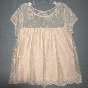 Lily Star sheer mesh lace romantic floral embroidery blouse airy lined womens L
